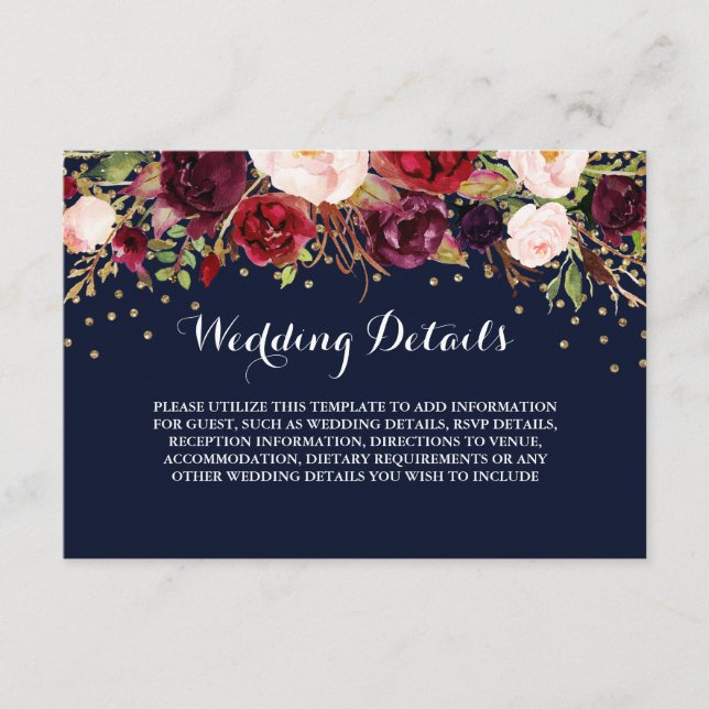 Floral Burgundy Navy Wedding Reception Details Enclosure Card (Front)