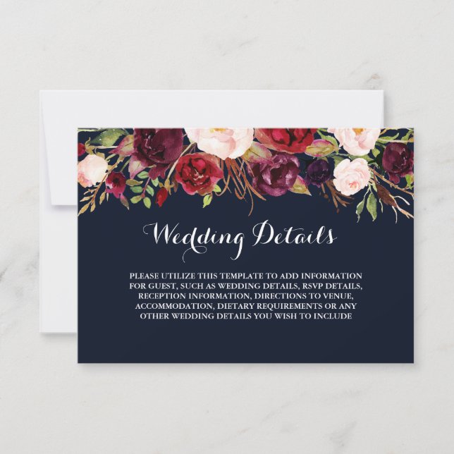 Floral Burgundy Navy Wedding Reception Details Invitation (Front)