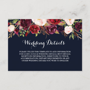 Floral Burgundy Navy Wedding Reception Details Invitation