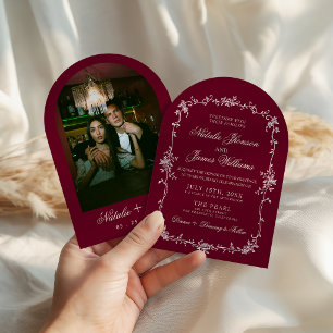 Floral Burgundy Old Money Arched Photo Wedding Invitation
