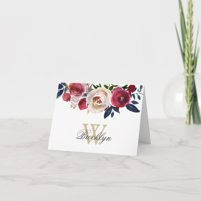 Floral Burgundy Peach Navy Botanical Monogram  Thank You Card (Front)