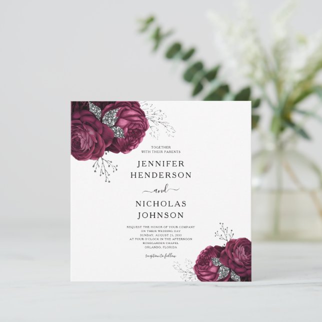 Floral Burgundy Peonies Elegant Wedding Invitation (Standing Front)