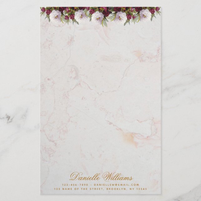 Floral Burgundy Peonies Marble Elegant Script Stationery (Front)