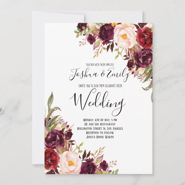 Floral Burgundy Peony Boho Wedding Invitation (Front)