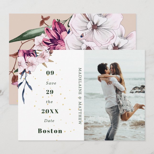 Floral  Burgundy  Photo  Gold Blush Elegant Chic Save The Date (Front/Back)