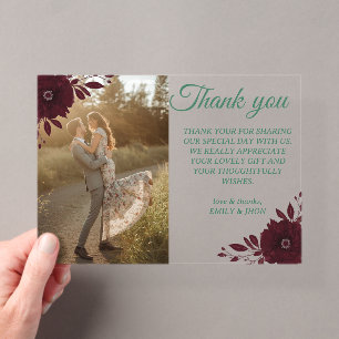 Floral Burgundy Photo Wedding Thank you Card Acrylic Invitations
