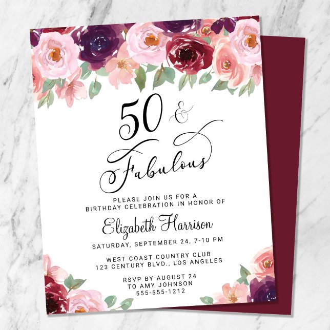 Floral Burgundy Pink 50th Birthday Invitation (Creator Uploaded)