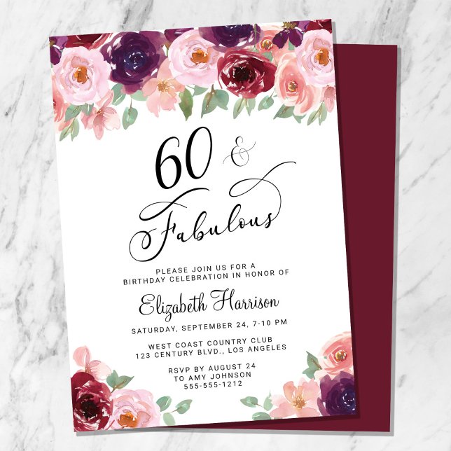 Floral Burgundy Pink 60th Birthday Party Invitation (Creator Uploaded)