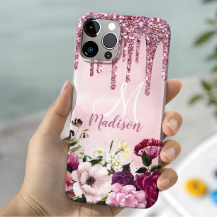 Floral Burgundy pink dripping glitter monogram iPhone 11 Pro Case