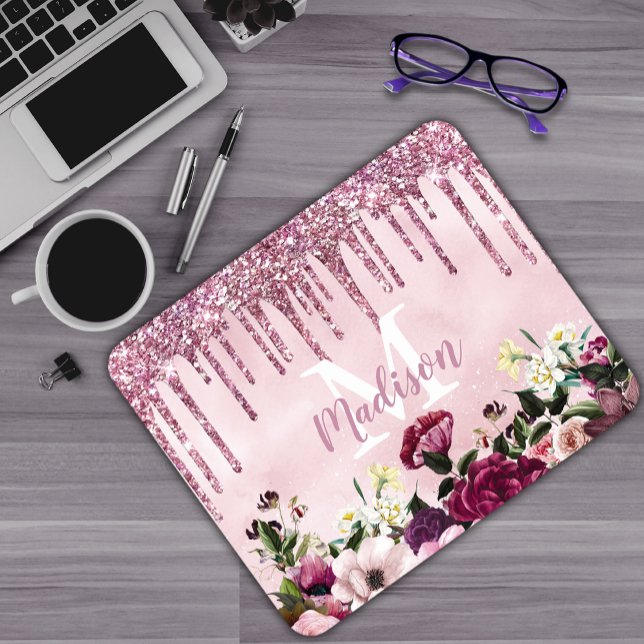 Floral Burgundy pink dripping glitter monogram Mouse Mat (Creator Uploaded)