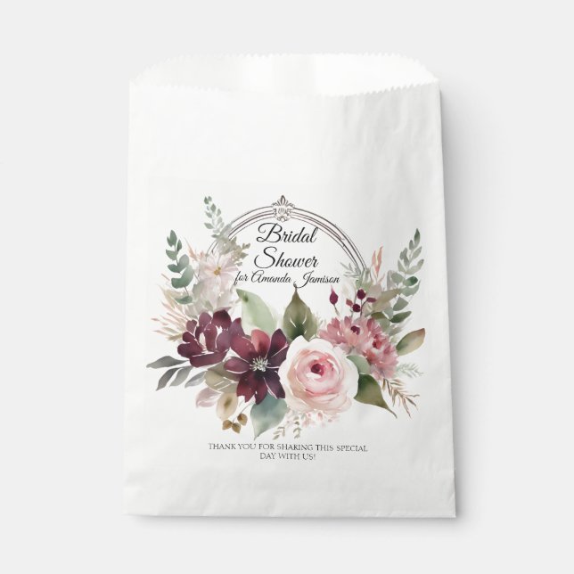 Floral Burgundy Pink Fall Leaves Bridal Shower Favour Bags (Front)