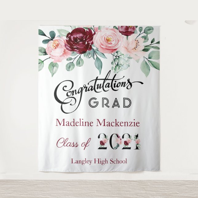 Floral Burgundy Pink Graduation 2021 Backdrop Tapestry (Front)