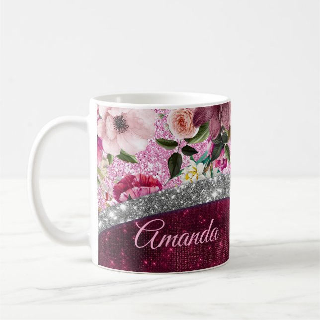 floral Burgundy pink silver faux glitter monogram Coffee Mug (Left)