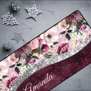 floral Burgundy pink silver faux glitter monogram Desk Mat