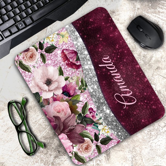 floral Burgundy pink silver faux glitter monogram Mouse Mat (Creator Uploaded)