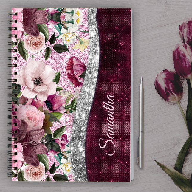 floral Burgundy pink silver faux glitter monogram Notebook (Creator Uploaded)