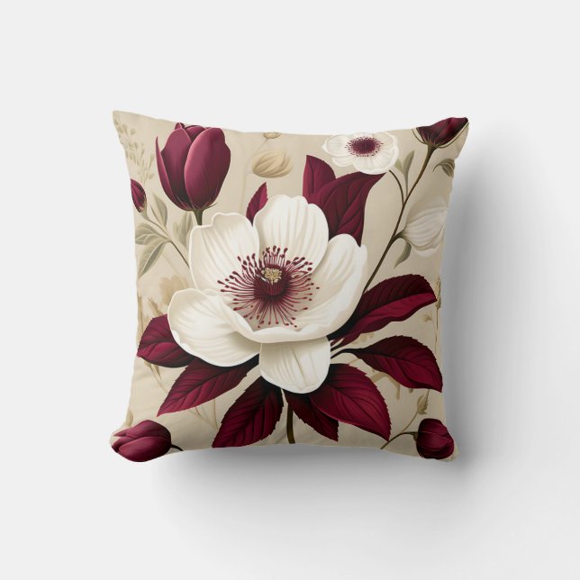 Floral Burgundy Plant Botanical Cushion (Front)