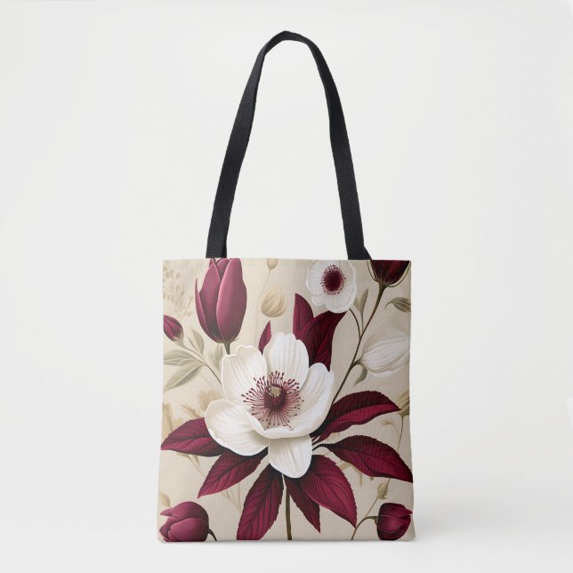 Floral Burgundy Plant Botanical Tote Bag (Front)