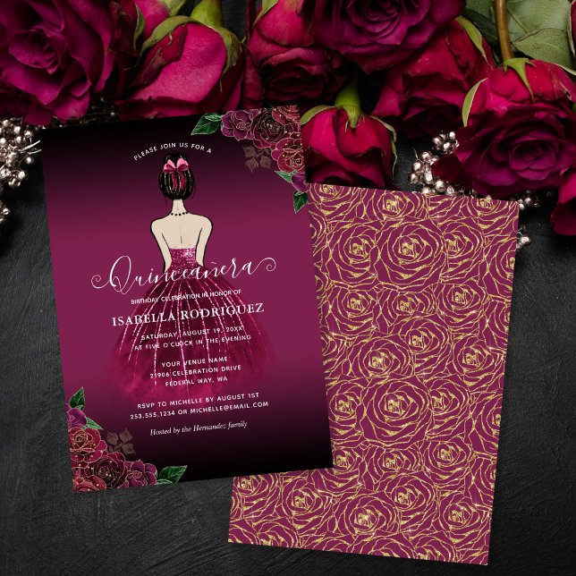 Floral Burgundy Princess Gold Birthday Quinceañera Invitation (Floral Burgundy Princess Gold Birthday Quinceañera Invitation)