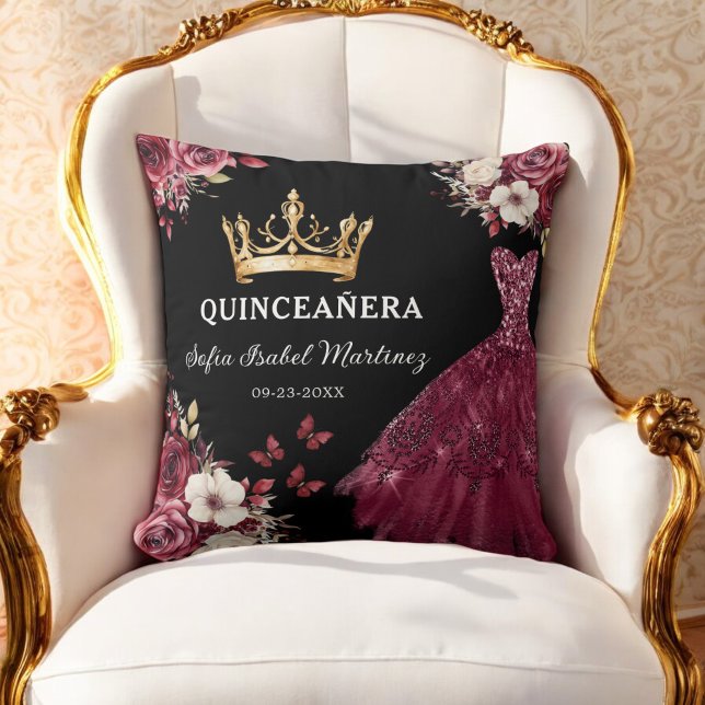 Floral Burgundy Princess Quinceanera Birthday Cushion (Creator Uploaded)