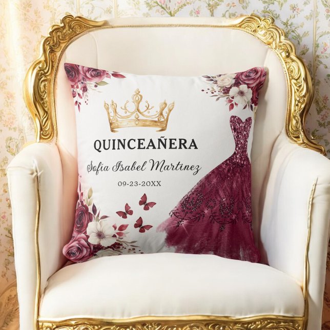 Floral Burgundy Princess Quinceanera Birthday Cushion (Creator Uploaded)