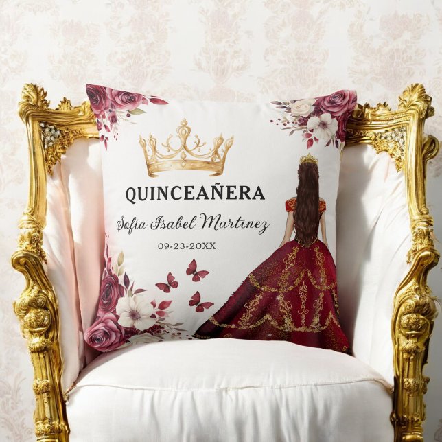 Floral Burgundy Princess Quinceanera Birthday Cushion (Creator Uploaded)