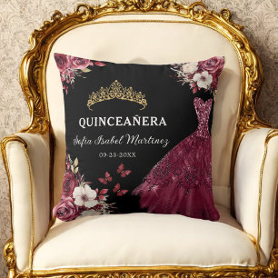 Floral Burgundy Princess Quinceanera Birthday Cushion