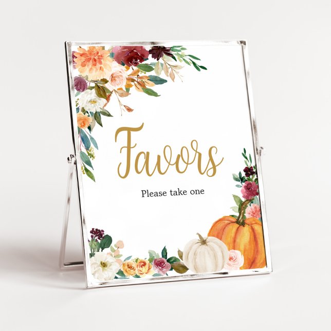 Floral Burgundy Pumpkin Baby Shower Favours Poster (Pumpkin Baby Shower Favors Sign)