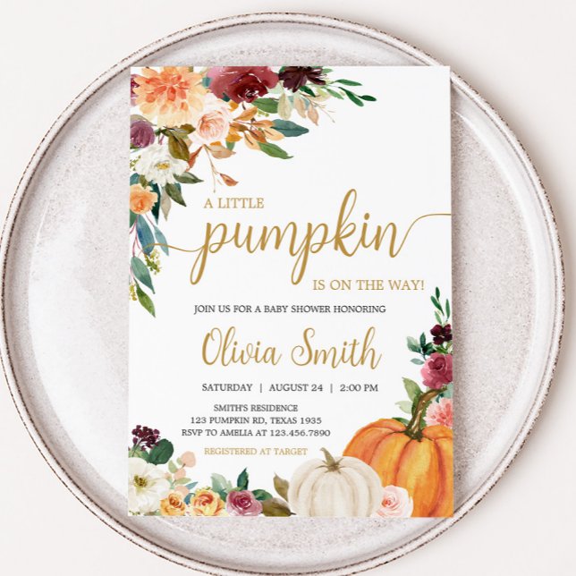 Floral Burgundy Pumpkin Baby Shower Invitation (Pumpkin Baby Shower Invitation)
