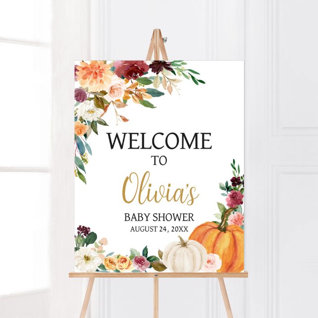 Floral Burgundy Pumpkin Baby Shower Welcome Poster (Pumpkin Baby Shower Welcome Sign)