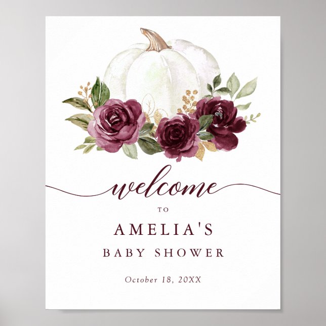 Floral Burgundy Pumpkin Baby Shower Welcome Sign (Front)