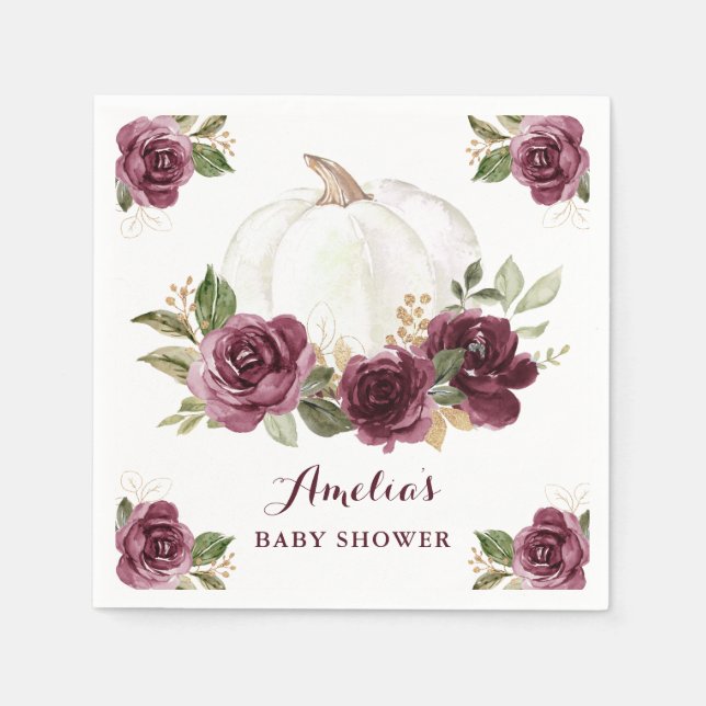 Floral Burgundy Pumpkin Fall Baby Shower Napkin (Front)