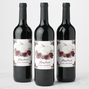 Floral Burgundy Pumpkin Fall Baby Shower Wine Label