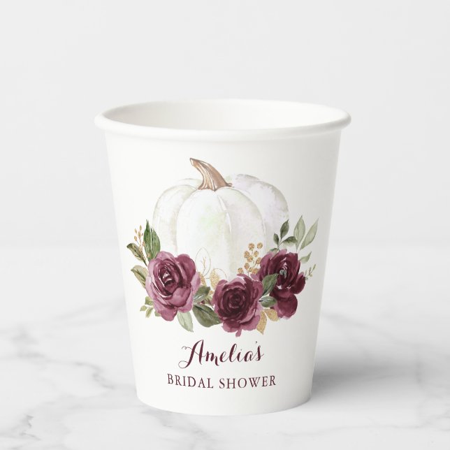 Floral Burgundy Pumpkin Fall Bridal Shower Paper Cups (Front)