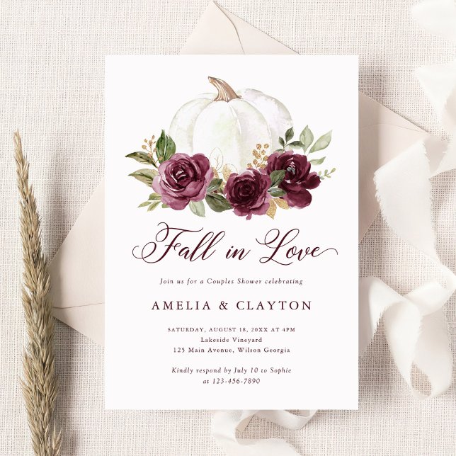 Floral Burgundy Pumpkin Fall in Love Couple Shower Invitation (Creator Uploaded)