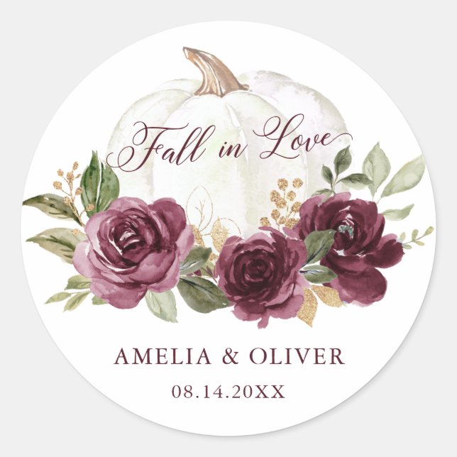 Floral Burgundy Pumpkin Fall in Love Wedding Classic Round Sticker (Front)