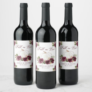 Floral Burgundy Pumpkin Fall in Love Wedding Wine Label