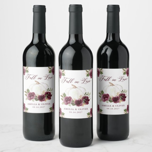 Floral Burgundy Pumpkin Fall in Love Wedding Wine Label (Bottles)