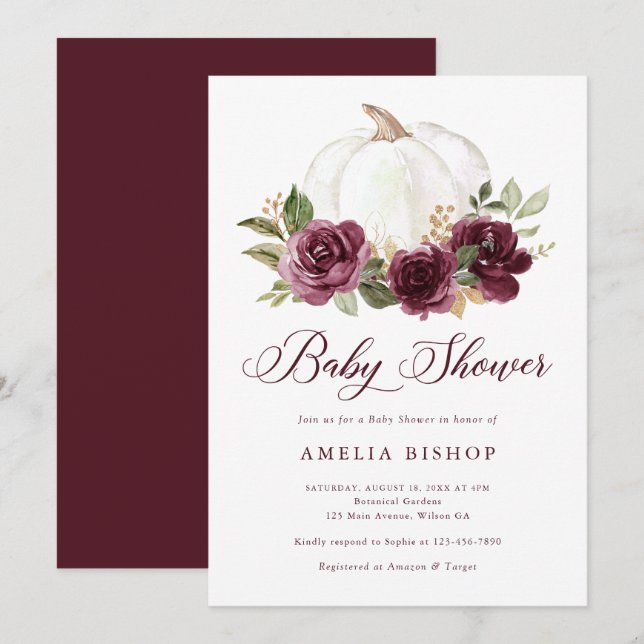 Floral Burgundy Pumpkin Gold Leaf Baby Shower Invitation (Front/Back)