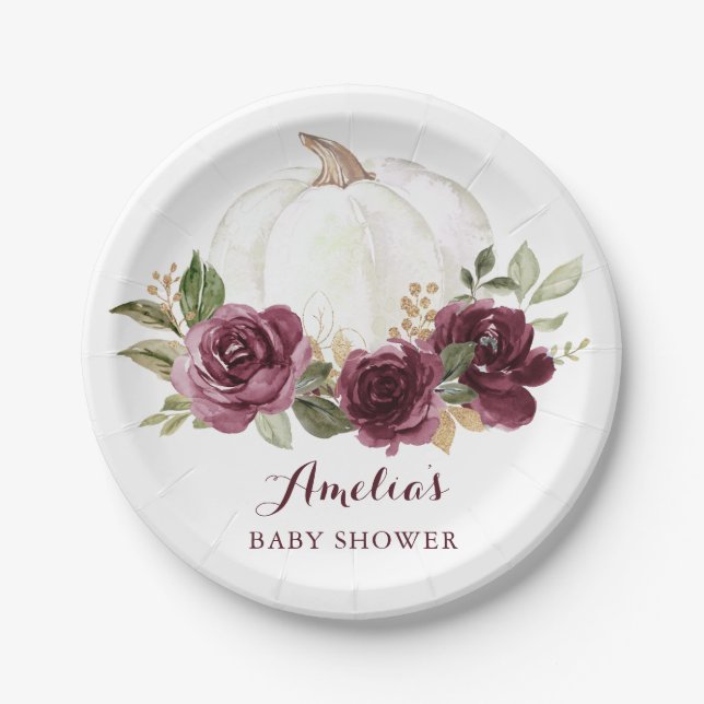 Floral Burgundy Pumpkin Marsala Baby Shower Fall Paper Plate (Front)
