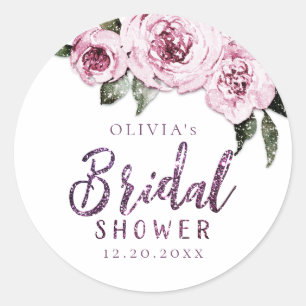 Floral burgundy purple glitter bridal shower classic round sticker