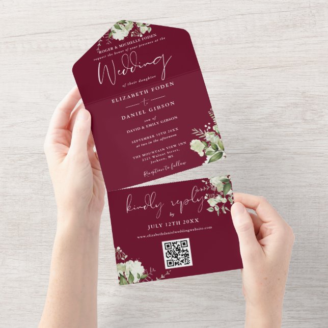 Floral Burgundy QR Code Formal Wedding All In One Invitation (Tearaway)