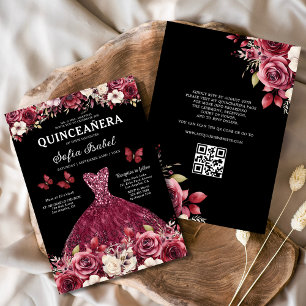 Floral Burgundy QR Code Princess Quinceanera Invitation