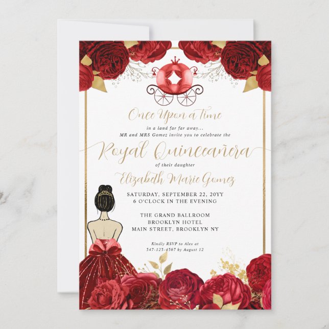 Floral Burgundy Red Cinderella Royal Quinceanera Invitation (Front)