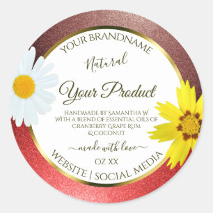 Floral Burgundy Red Glitter White Product Labels