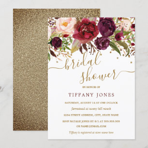 Floral Burgundy Red Gold Confetti Bridal Shower Invitation