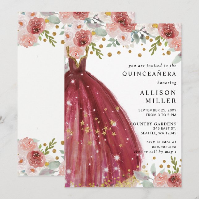 Floral Burgundy Red Gold Glitter Dress QUINCEAÑERA Invitation (Front/Back)