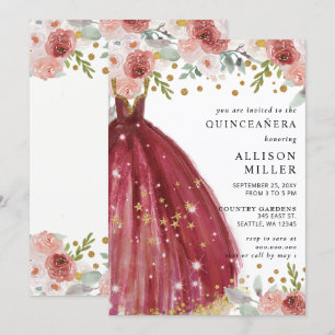 Floral Burgundy Red Gold Glitter Dress QUINCEAÑERA Invitation