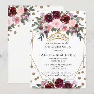 Floral Burgundy Red Gold Glitter Tiara QUINCEAÑERA Invitation