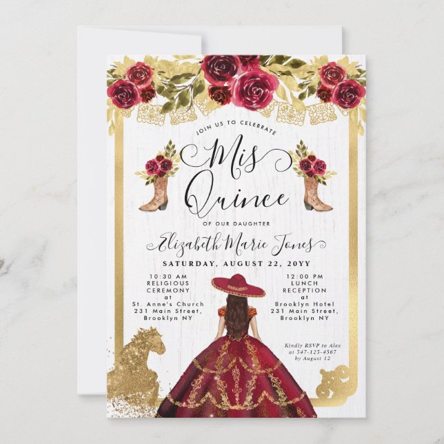 Floral Burgundy Red Gold Horse Charra Quinceanera Invitation (Front)